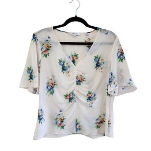 Madewell Silk Floral V Neck Ruched Blouse Short Sleeve White Size 8
